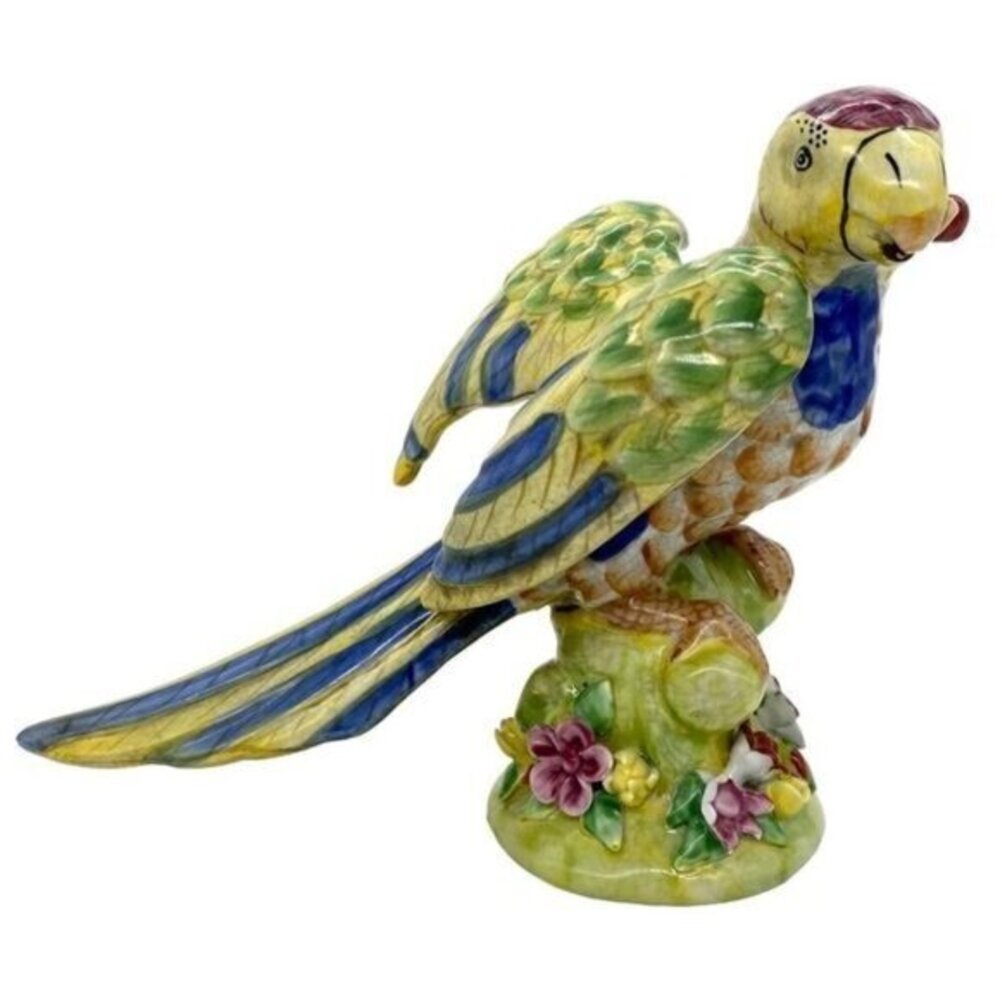 Hand Painted Vintage Tulien Majolica Parrot Bird Statue